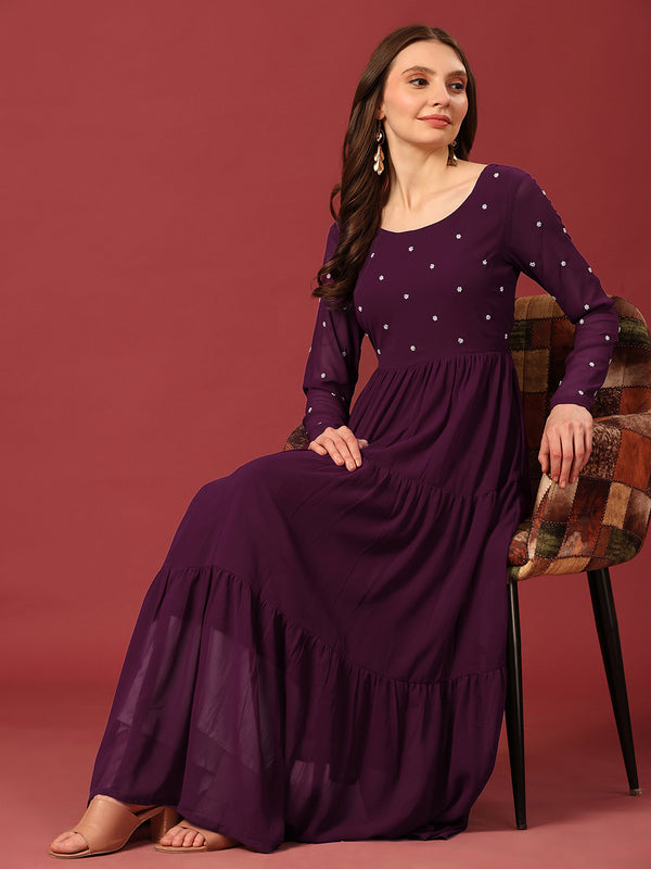 Poshak Hub Women Purple Georgette Embroidery Tiered Anarkali Kurta