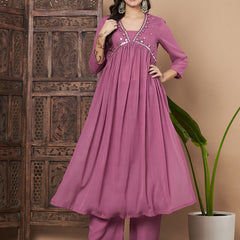 Poshak Hub Women Pink Star Georgette Alia Cut A Line Mirror Work Hand Embroidery Kurta palazzo