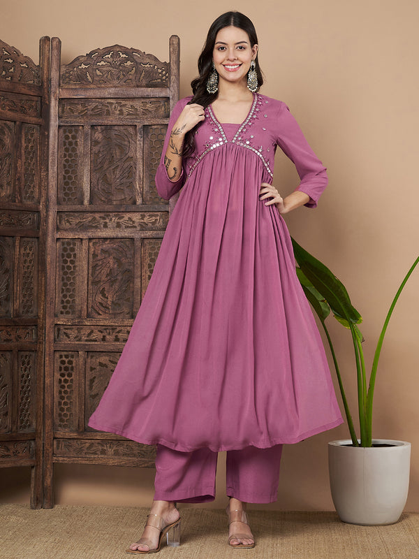 Poshak Hub Women Pink Star Georgette Alia Cut A Line Mirror Work Hand Embroidery Kurta palazzo