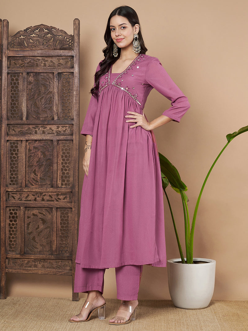 Poshak Hub Women Pink Star Georgette Alia Cut A Line Mirror Work Hand Embroidery Kurta palazzo