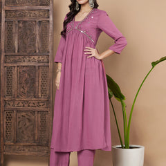 Poshak Hub Women Pink Star Georgette Alia Cut A Line Mirror Work Hand Embroidery Kurta palazzo