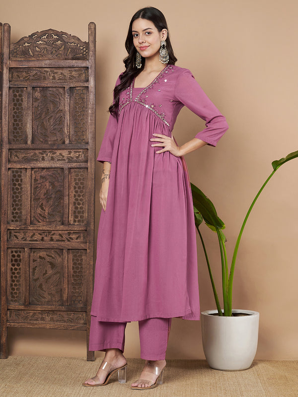 Poshak Hub Women Pink Star Georgette Alia Cut A Line Mirror Work Hand Embroidery Kurta palazzo