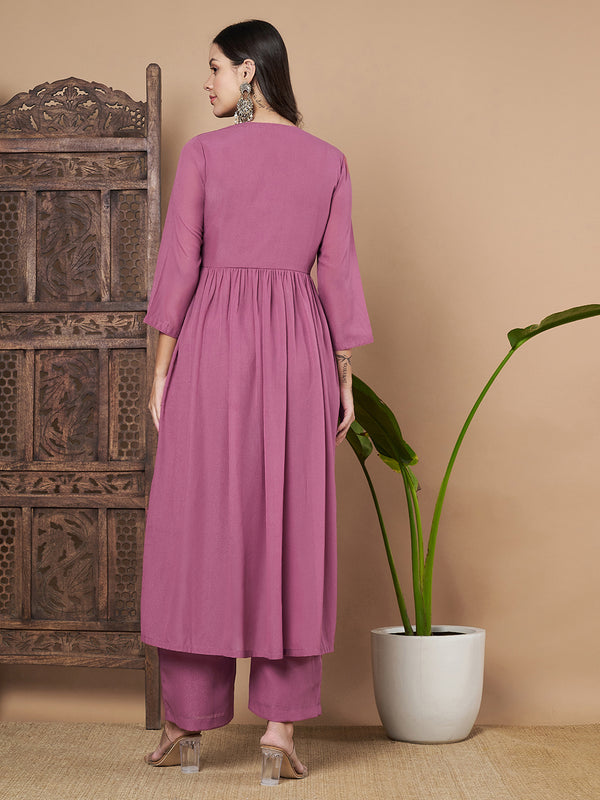 Poshak Hub Women Pink Star Georgette Alia Cut A Line Mirror Work Hand Embroidery Kurta palazzo