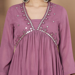 Poshak Hub Women Pink Star Georgette Alia Cut A Line Mirror Work Hand Embroidery Kurta palazzo