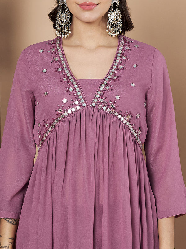 Poshak Hub Women Pink Star Georgette Alia Cut A Line Mirror Work Hand Embroidery Kurta palazzo