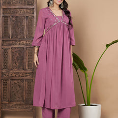 Poshak Hub Women Pink Star Georgette Alia Cut A Line Mirror Work Hand Embroidery Kurta palazzo