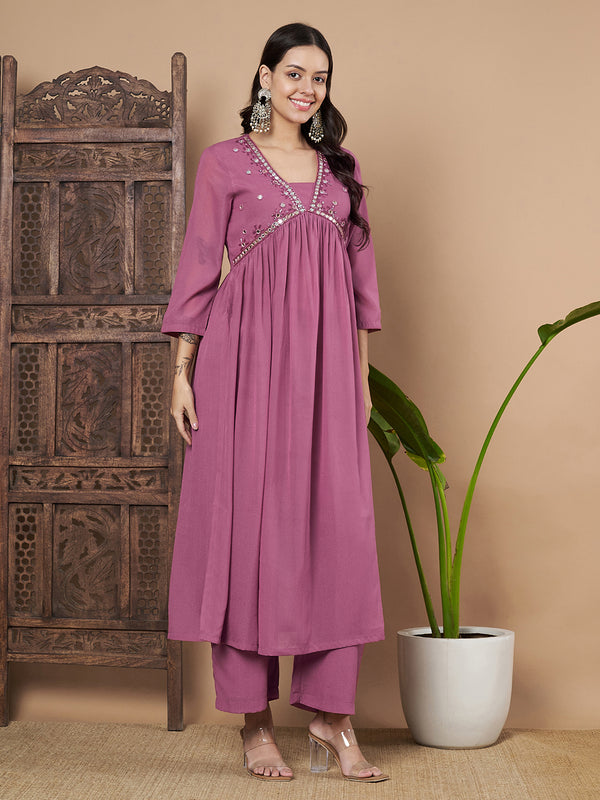 Poshak Hub Women Pink Star Georgette Alia Cut A Line Mirror Work Hand Embroidery Kurta palazzo
