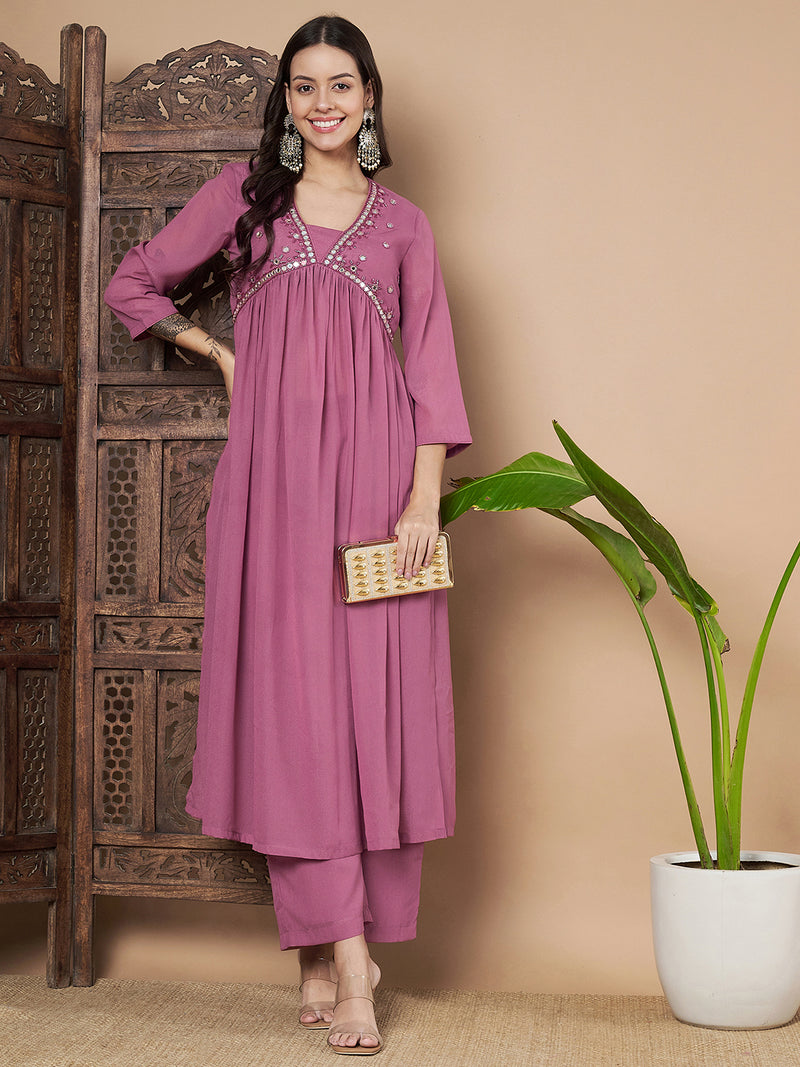 Poshak Hub Women Pink Star Georgette Alia Cut A Line Mirror Work Hand Embroidery Kurta palazzo