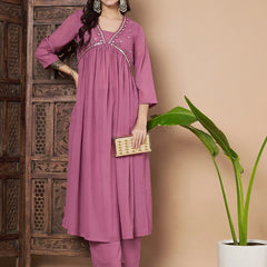 Poshak Hub Women Pink Star Georgette Alia Cut A Line Mirror Work Hand Embroidery Kurta palazzo
