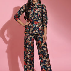 Poshak Hub Women Blue Shirt Collar Modal Muslin Foil Print Cord Set