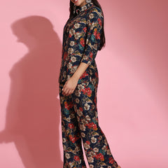 Poshak Hub Women Blue Shirt Collar Modal Muslin Foil Print Cord Set