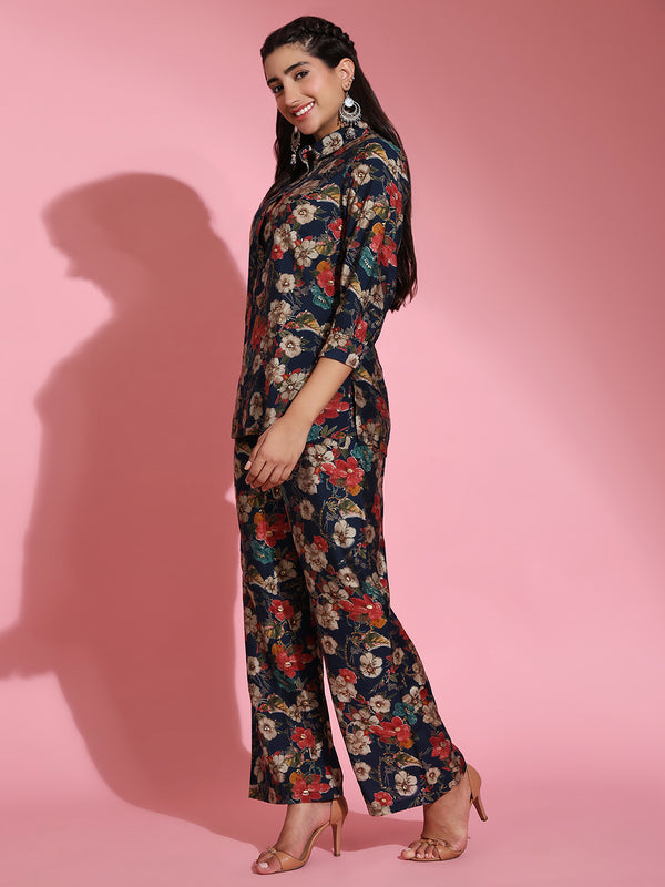 Poshak Hub Women Blue Shirt Collar Modal Muslin Foil Print Cord Set