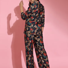 Poshak Hub Women Blue Shirt Collar Modal Muslin Foil Print Cord Set