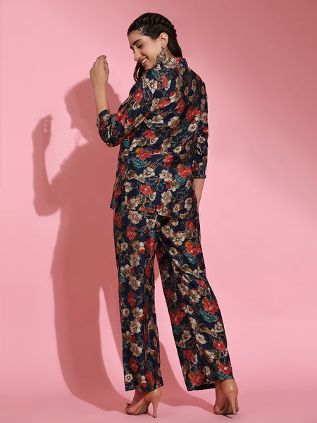 Poshak Hub Women Blue Shirt Collar Modal Muslin Foil Print Cord Set