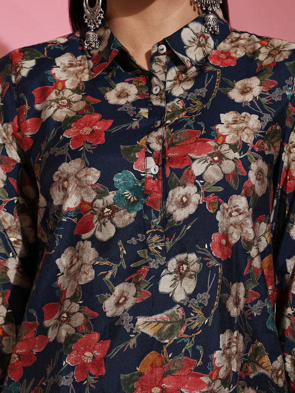 Poshak Hub Women Blue Shirt Collar Modal Muslin Foil Print Cord Set