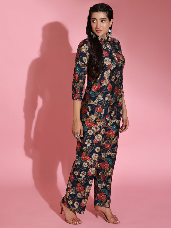 Poshak Hub Women Blue Shirt Collar Modal Muslin Foil Print Cord Set