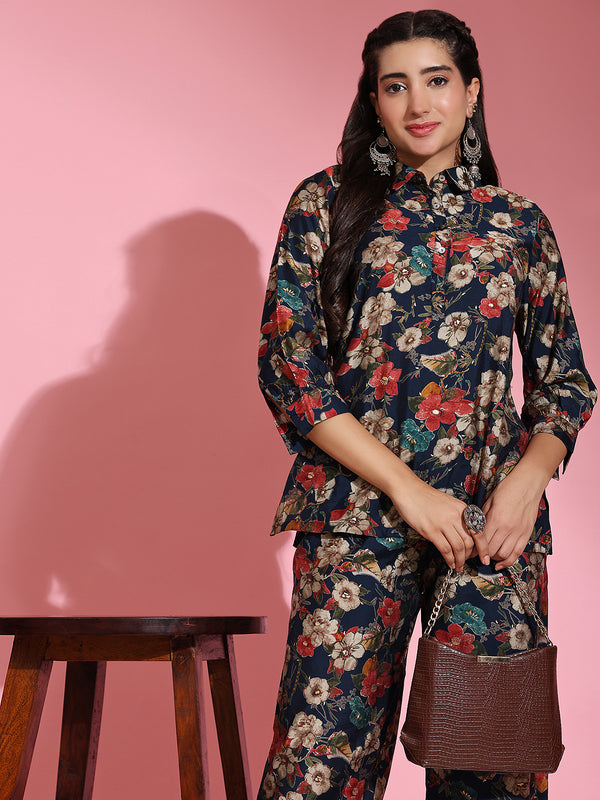 Poshak Hub Women Blue Shirt Collar Modal Muslin Foil Print Cord Set