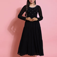Poshak Hub Women Black Georgette Embroidery Tiered Anarkali Kurta