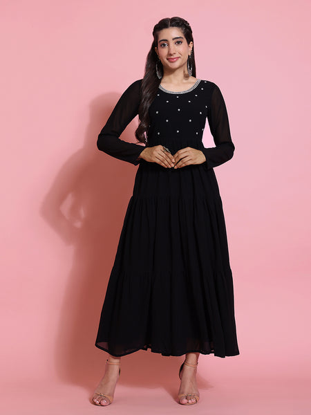 Poshak Hub Women Black Georgette Embroidery Tiered Anarkali Kurta