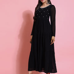 Poshak Hub Women Black Georgette Embroidery Tiered Anarkali Kurta