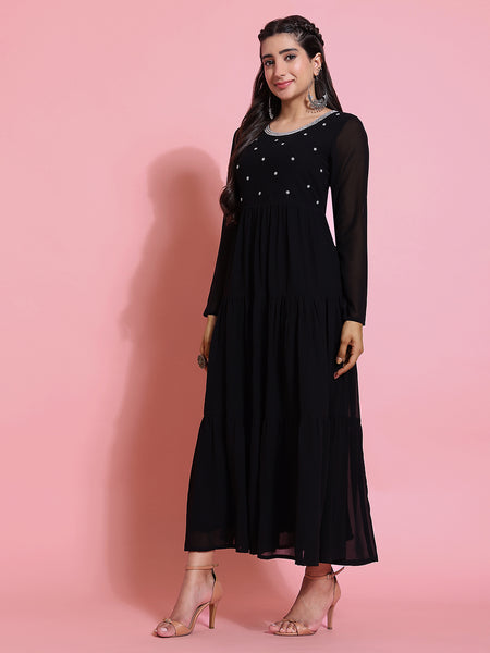 Poshak Hub Women Black Georgette Embroidery Tiered Anarkali Kurta