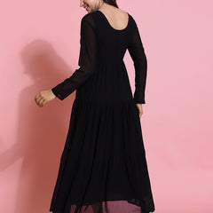 Poshak Hub Women Black Georgette Embroidery Tiered Anarkali Kurta