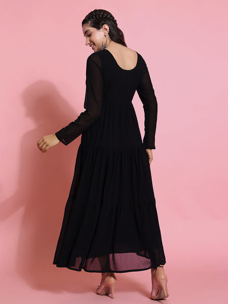 Poshak Hub Women Black Georgette Embroidery Tiered Anarkali Kurta