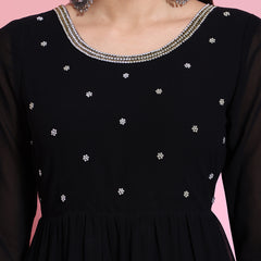 Poshak Hub Women Black Georgette Embroidery Tiered Anarkali Kurta