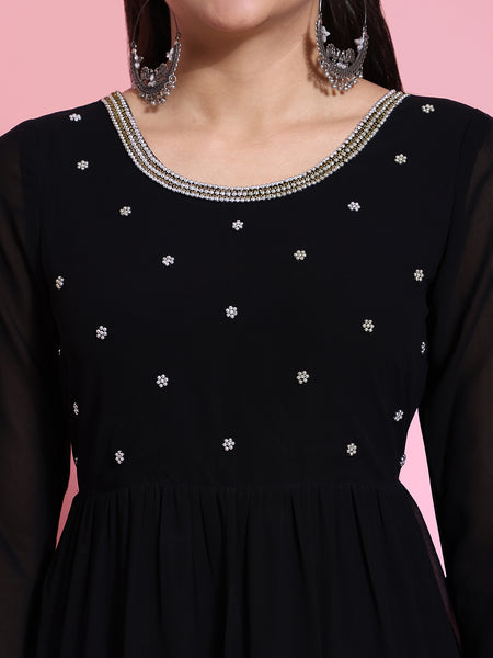 Poshak Hub Women Black Georgette Embroidery Tiered Anarkali Kurta