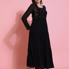 Poshak Hub Women Black Georgette Embroidery Tiered Anarkali Kurta