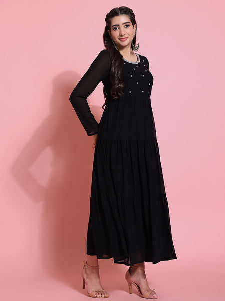 Poshak Hub Women Black Georgette Embroidery Tiered Anarkali Kurta