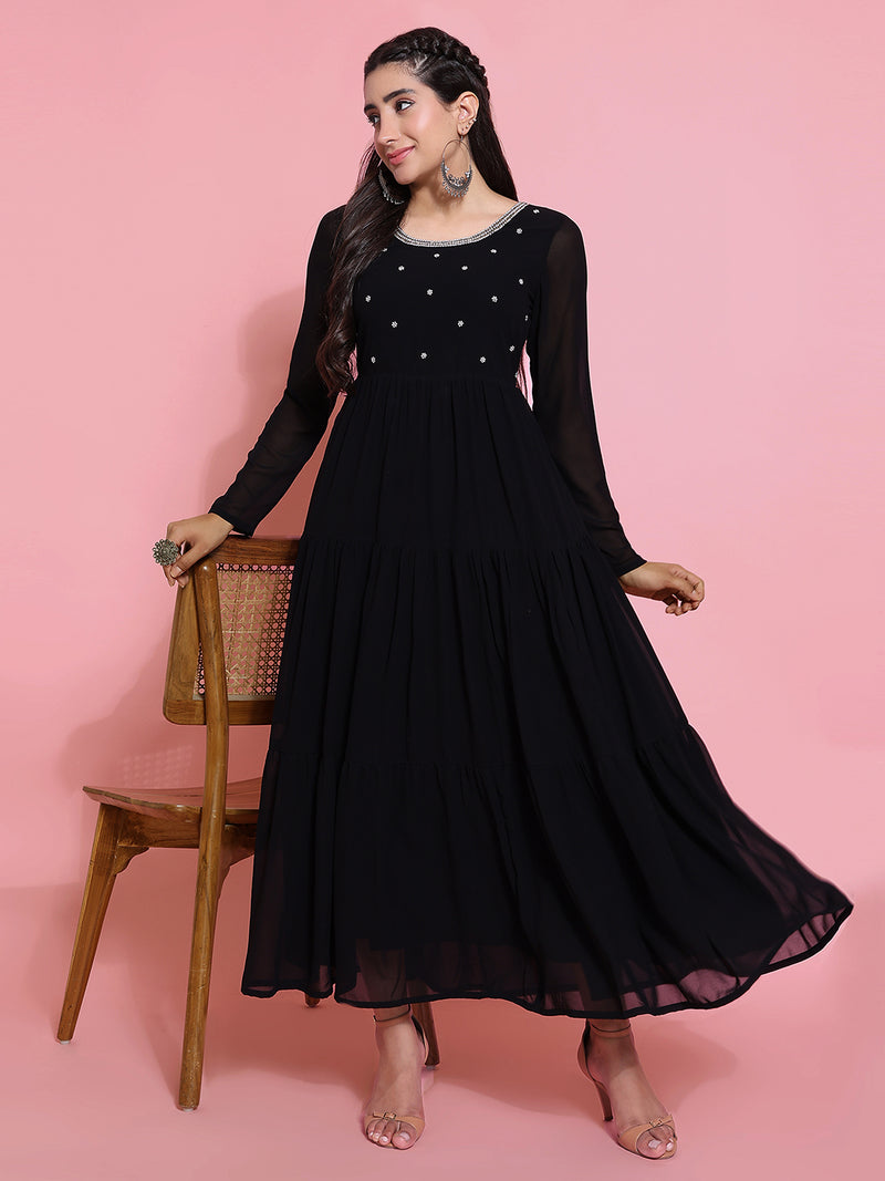 Poshak Hub Women Black Georgette Embroidery Tiered Anarkali Kurta