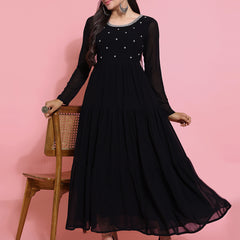 Poshak Hub Women Black Georgette Embroidery Tiered Anarkali Kurta