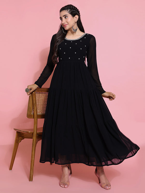 Poshak Hub Women Black Georgette Embroidery Tiered Anarkali Kurta