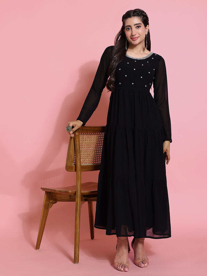 Poshak Hub Women Black Georgette Embroidery Tiered Anarkali Kurta