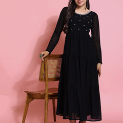 Poshak Hub Women Black Georgette Embroidery Tiered Anarkali Kurta