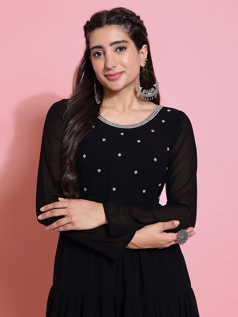 Poshak Hub Women Black Georgette Embroidery Tiered Anarkali Kurta