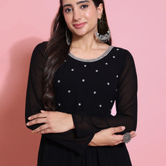 Poshak Hub Women Black Georgette Embroidery Tiered Anarkali Kurta
