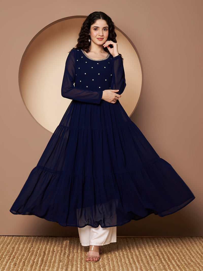 Poshak Hub Women Blue Georgette Hand Embroidery Tiered Anarkali Kurta