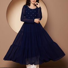 Poshak Hub Women Blue Georgette Hand Embroidery Tiered Anarkali Kurta