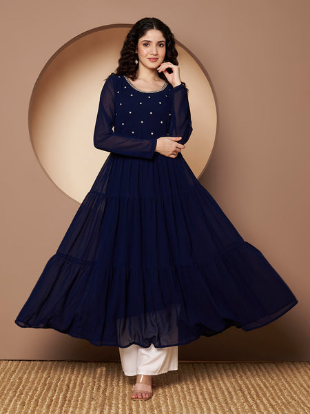 Poshak Hub Women Blue Georgette Hand Embroidery Tiered Anarkali Kurta