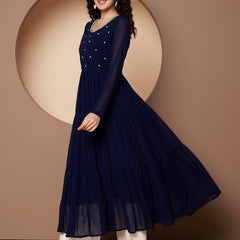 Poshak Hub Women Blue Georgette Hand Embroidery Tiered Anarkali Kurta