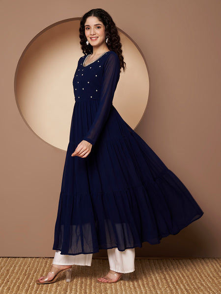 Poshak Hub Women Blue Georgette Hand Embroidery Tiered Anarkali Kurta