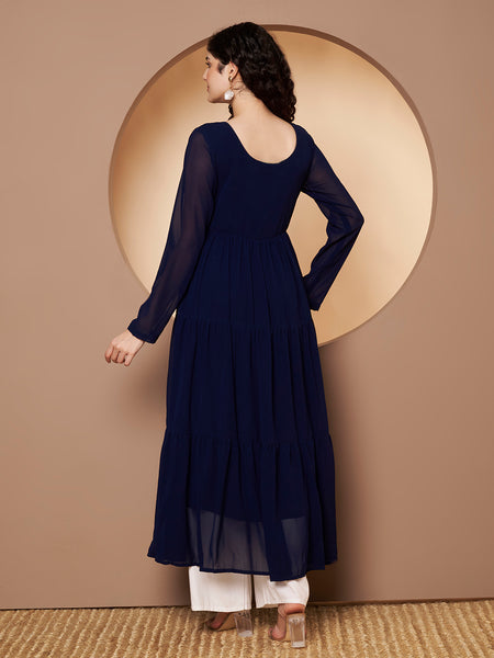 Poshak Hub Women Blue Georgette Hand Embroidery Tiered Anarkali Kurta