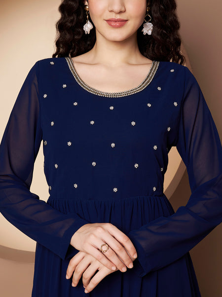 Poshak Hub Women Blue Georgette Hand Embroidery Tiered Anarkali Kurta