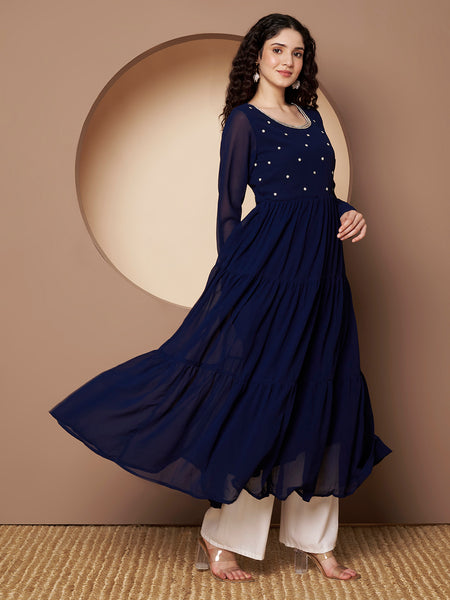 Poshak Hub Women Blue Georgette Hand Embroidery Tiered Anarkali Kurta