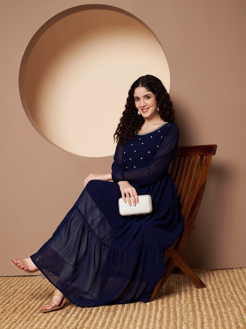 Poshak Hub Women Blue Georgette Hand Embroidery Tiered Anarkali Kurta