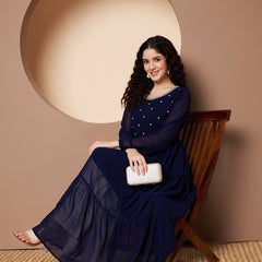 Poshak Hub Women Blue Georgette Hand Embroidery Tiered Anarkali Kurta