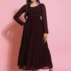 Poshak Hub Women Brown Georgette Embroidery Tiered Anarkali Kurta