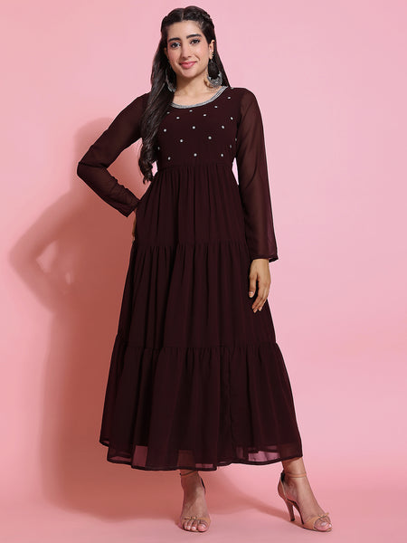 Poshak Hub Women Brown Georgette Embroidery Tiered Anarkali Kurta